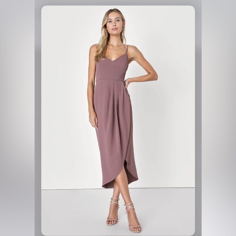 Lulus midi tulip-style wedding guest dress mauve